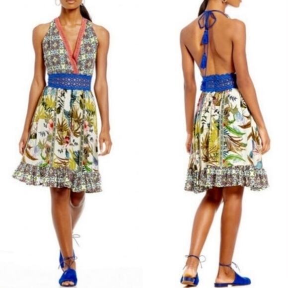 Chelsea & Violet Dresses & Skirts - NWT Chelsea & Violet Tropical Patchwork Halter Maxi Dress Lace Tassel Resort L